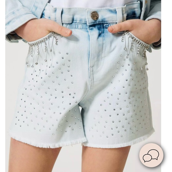 Paper bag shorts made from full rhinestone denim(light blue color) - Picture 3 of 3